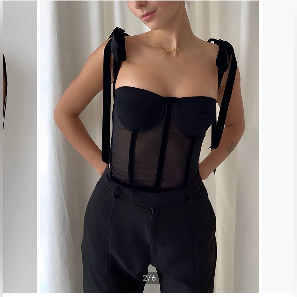 Commense Black Sheer Boned Corset with Velvet Tie Straps and Zippered  Back